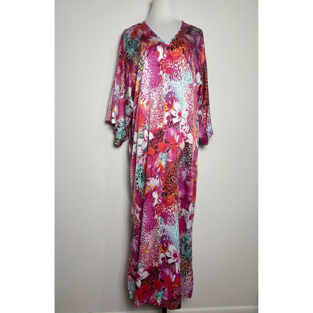 Natori Vibrant Pink Multicolor Floral Kaftan